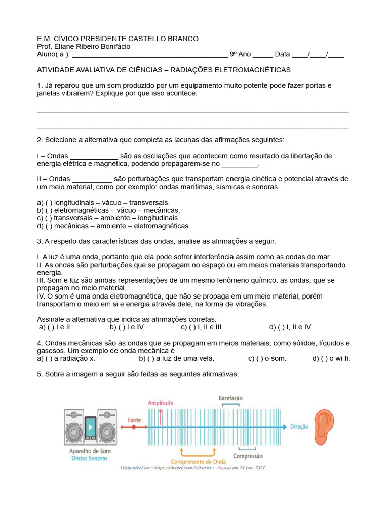 Atividade Avaliativa: Ondas Eletromagnéticas | PDF | Ondas | Som