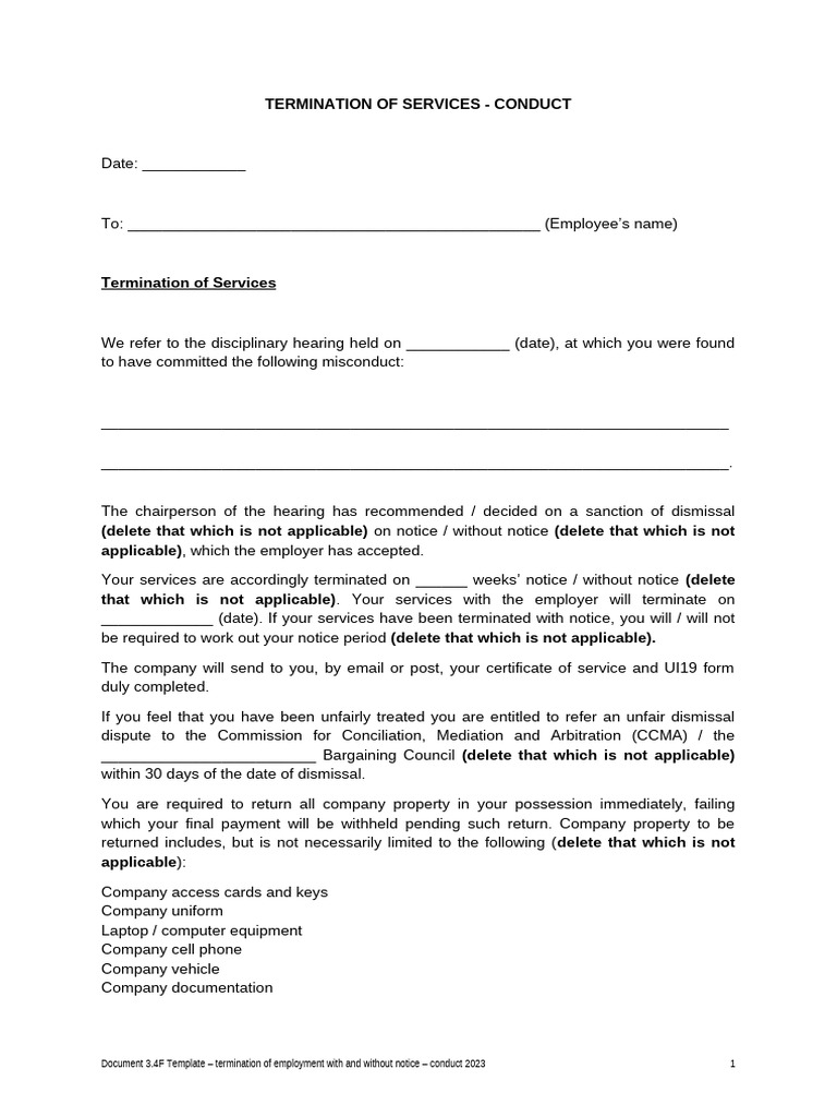 Template For Termination With or Without Notice Conduct 5 Dec 2023 ...