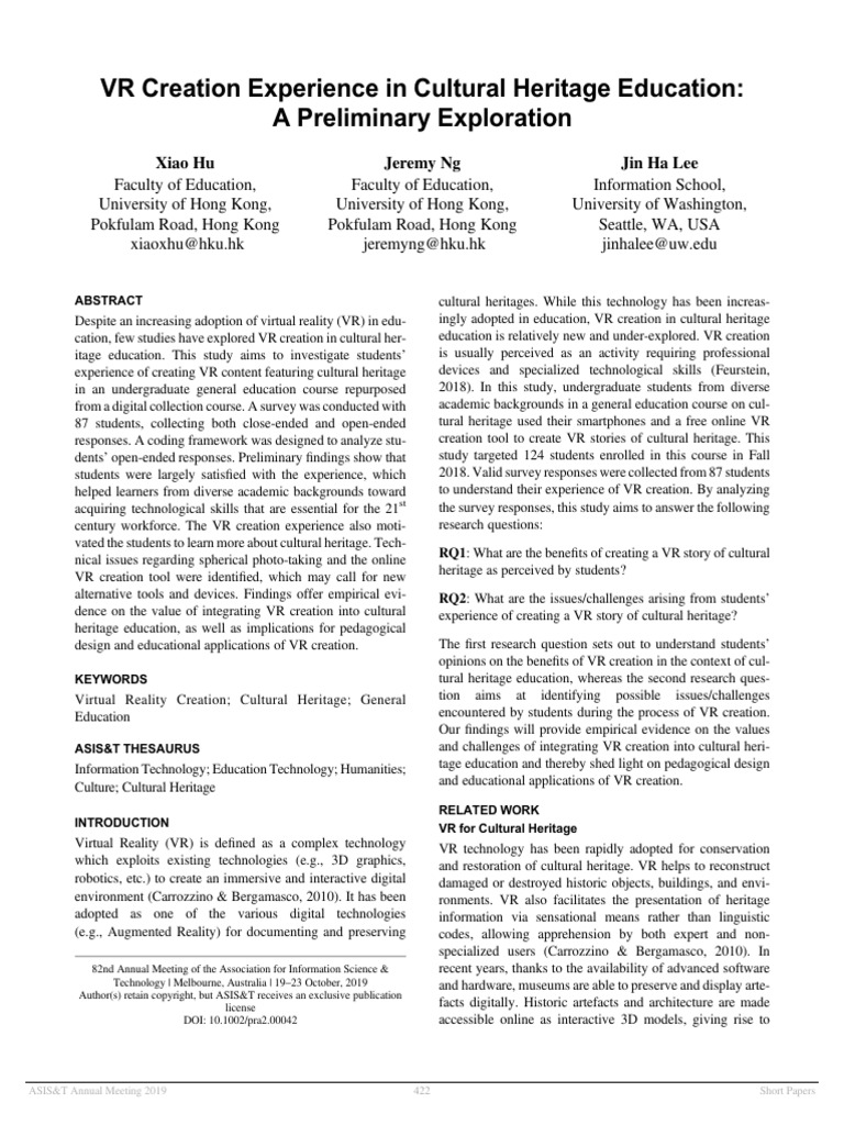 VR Creation Experience in Cultural Herit | PDF | Virtual Reality | Science