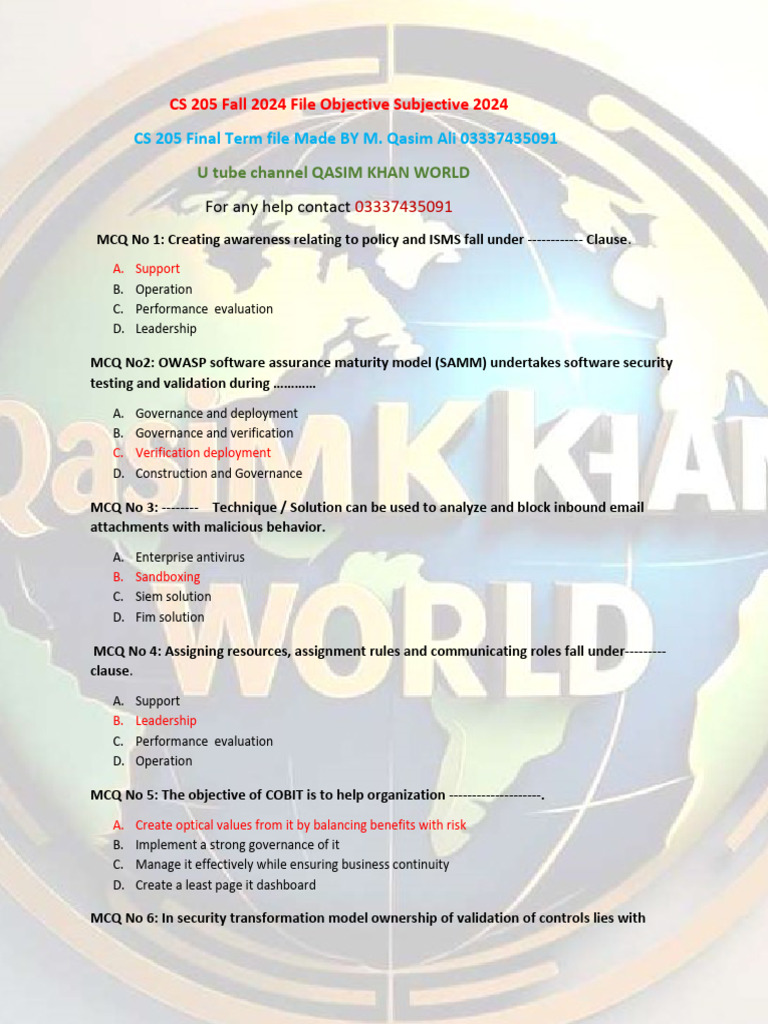 CS 205 Fall 2024 Security MCQs Guide | PDF | Security | Computer Security