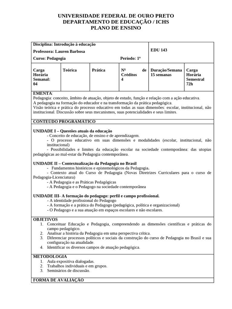 Introdução à Educação: Plano de Ensino | PDF | Pedagogia | Aprendizado