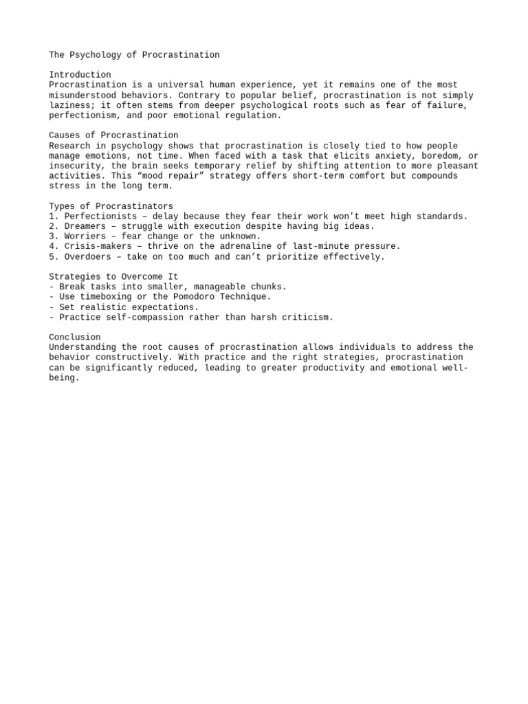 Understanding Procrastination Psychology | PDF