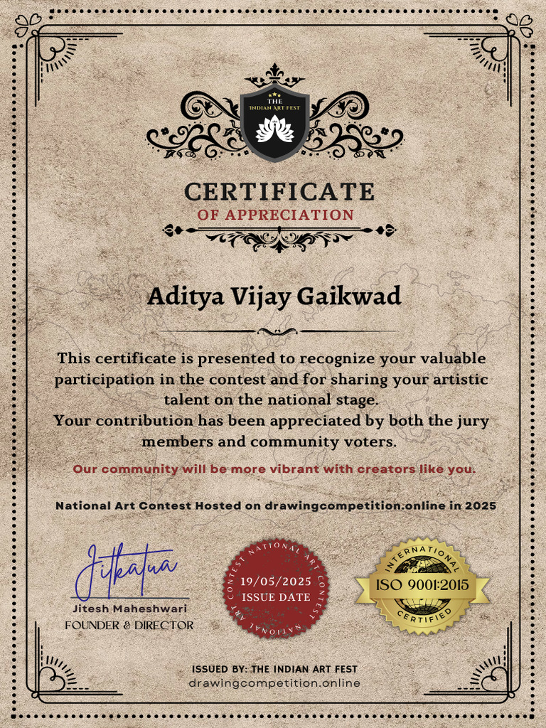 Indian Art Fest Participation Certificate | PDF