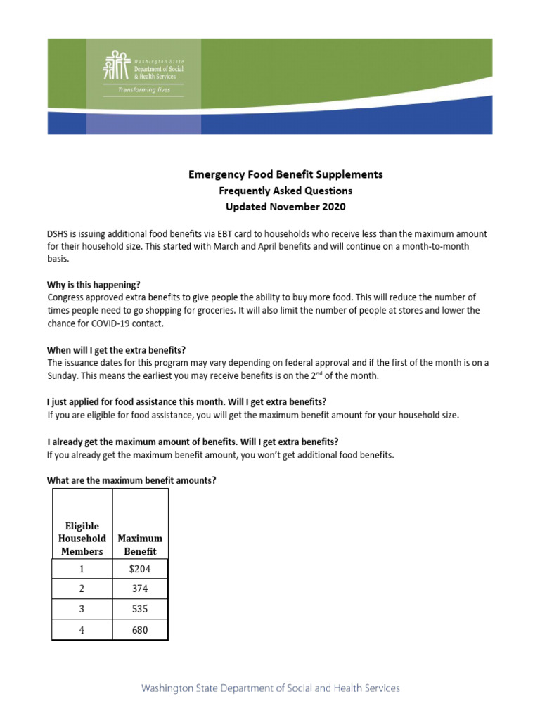 DSHS SNAP Emergency Supplements Nov2020 Update | PDF | Supplemental ...