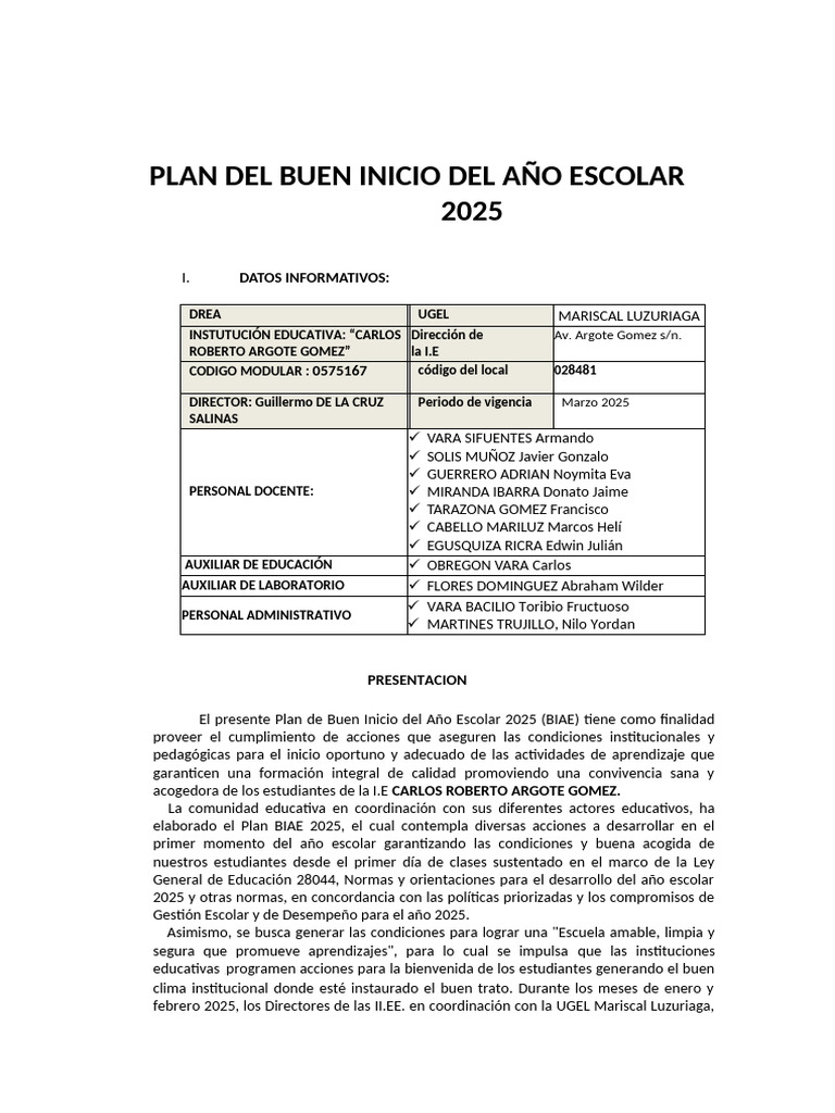 Plan de Buen Inicio Escolar 2025 | PDF | Educación primaria | Escuelas