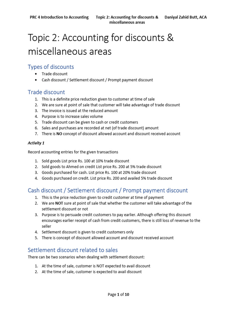 Topic 2 Accounting for Discounts and Misc Areas 2023 | PDF | Debits And ...