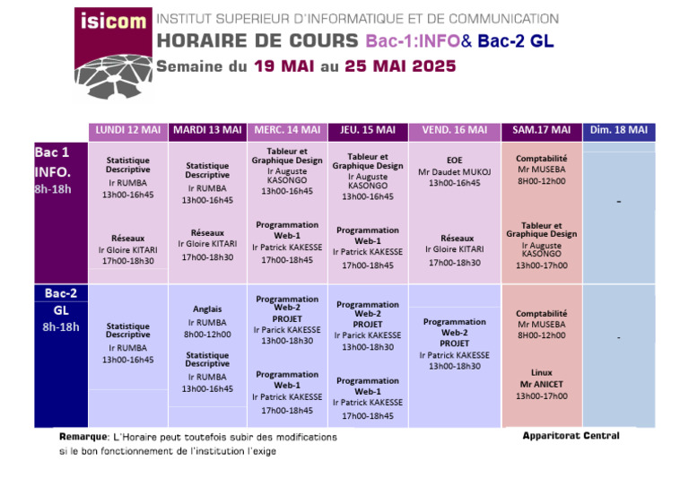 Horaire de Cours Bac 1 et Bac 2 2025 | PDF