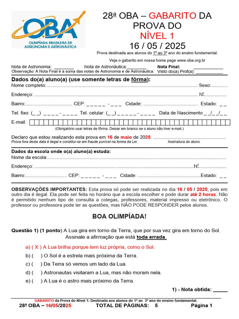Gabarito OBA 2025 - Nível 1 | PDF | Lua | Planetas