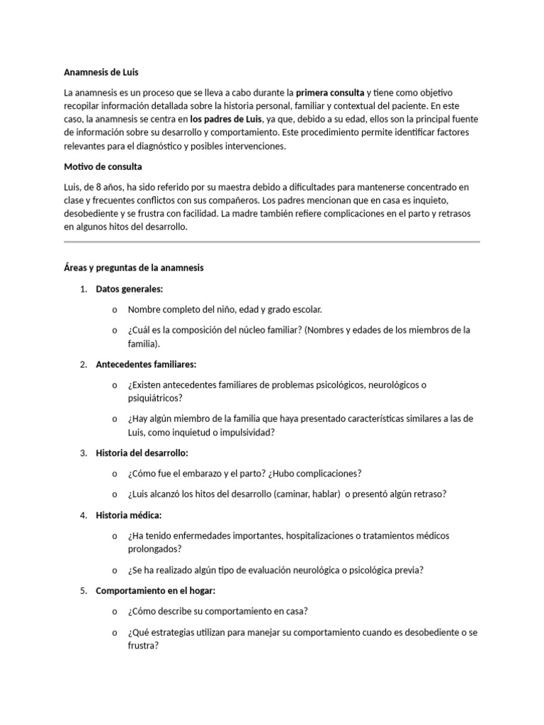 Anamnesis para Niño | PDF | Comportamiento | Las emociones