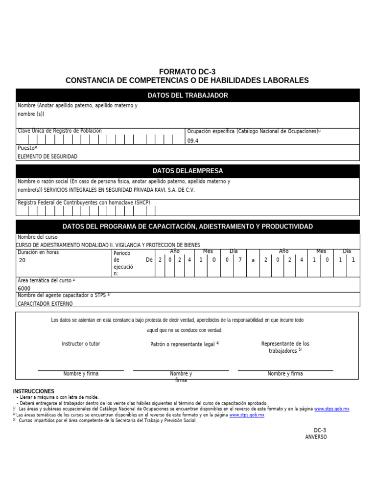 Formato DC-3 Editable de Capacitación | PDF