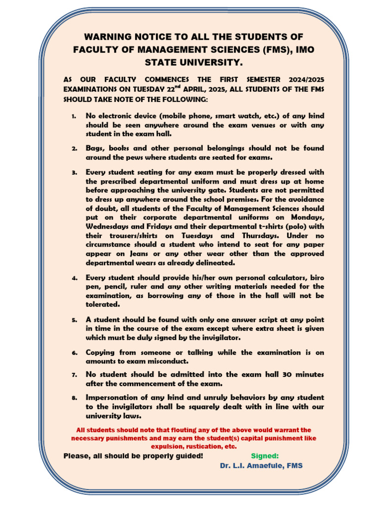 FMS Exam Misconduct Warning To Students | PDF | Clothing