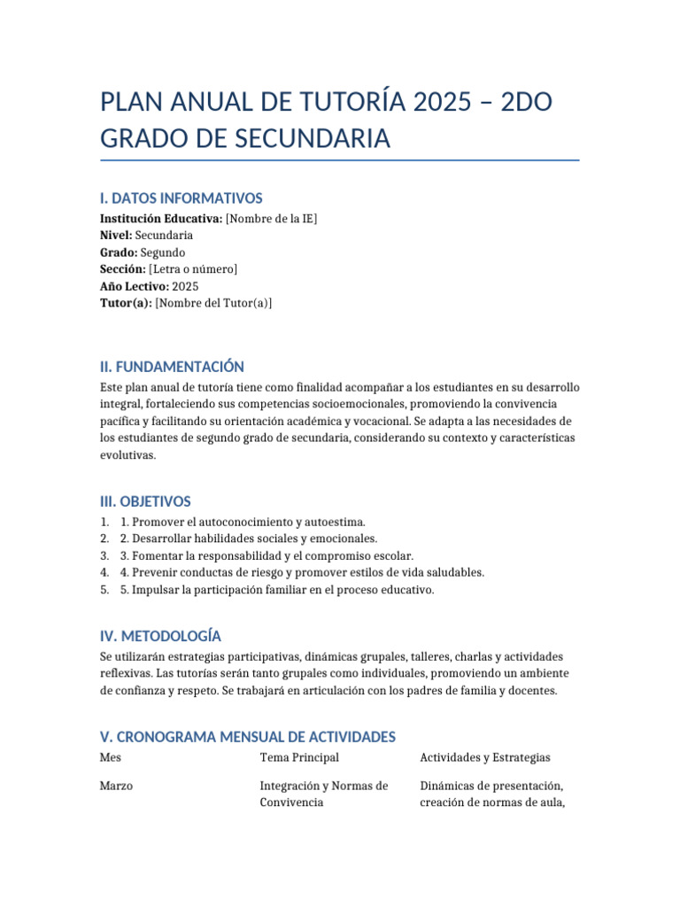 Plan Anual de Tutoría 2025 - 2do Secundaria | PDF | Las emociones ...