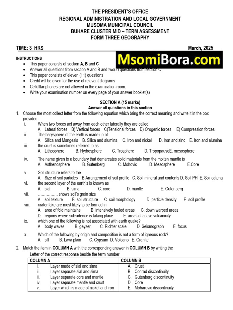 Form Three Geography Mid-Term Exam 2025 | PDF | Earthquakes | Fault ...
