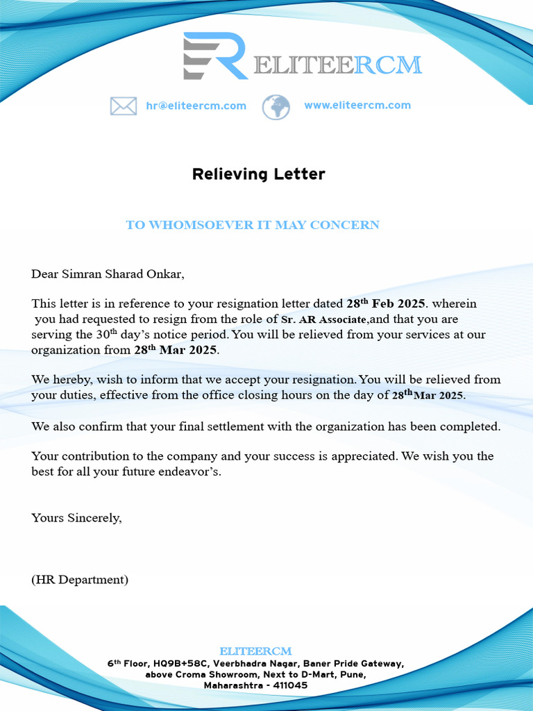 Relieving Letter for Simran Onkar | PDF