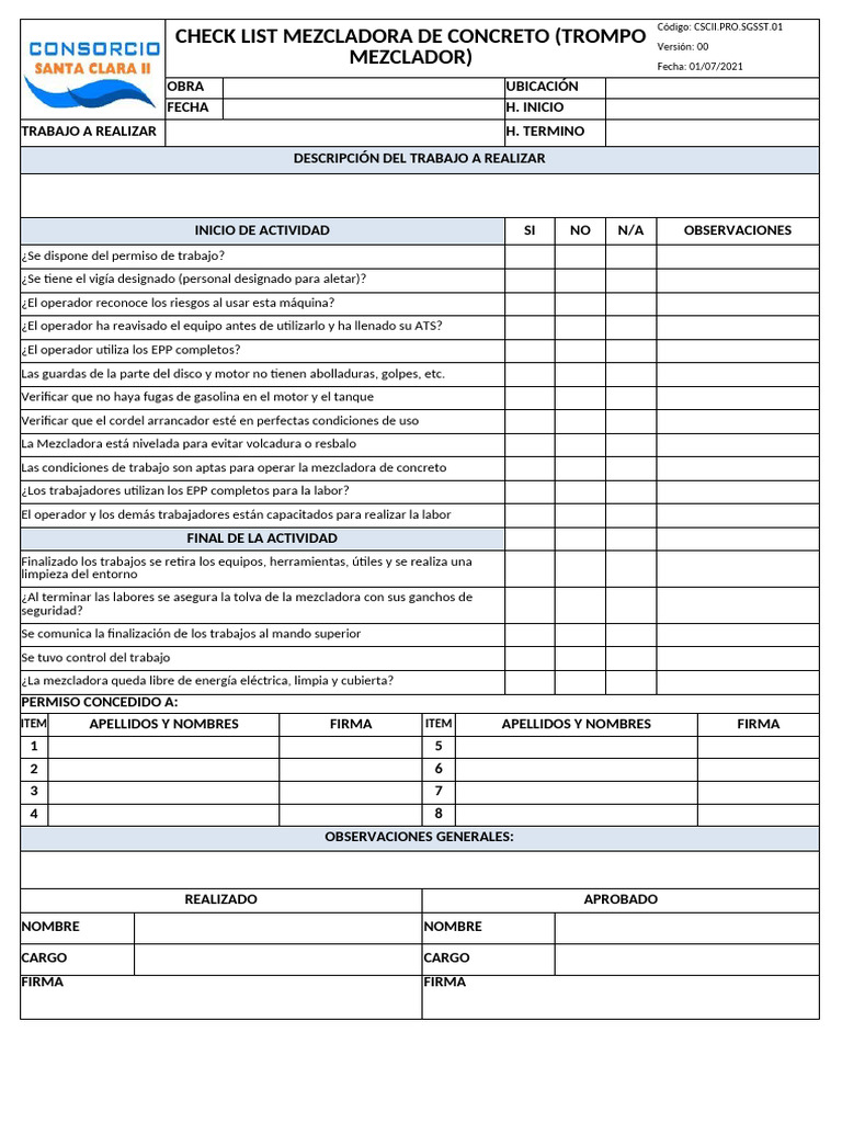 Checklist de Seguridad para Mezcladora | PDF