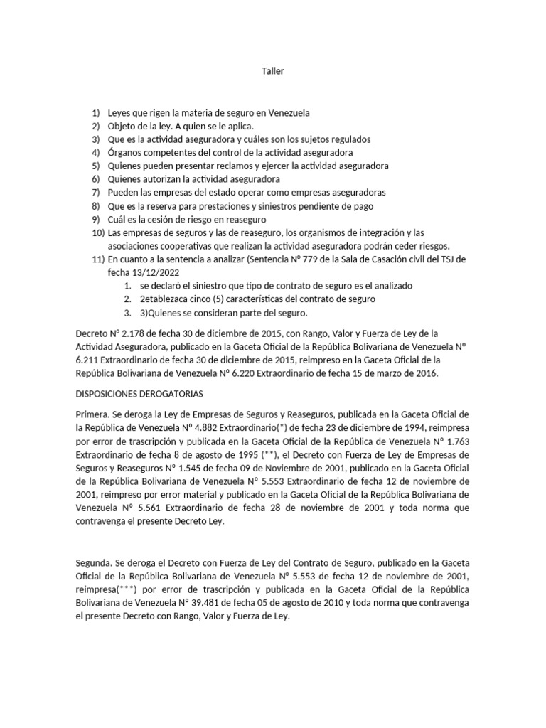 Leyes de Seguro en Venezuela: Taller Completo | PDF | Seguro | Reaseguro