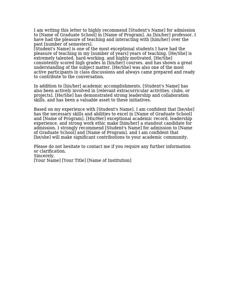 Recommendation Letter for Graduate Admission | PDF