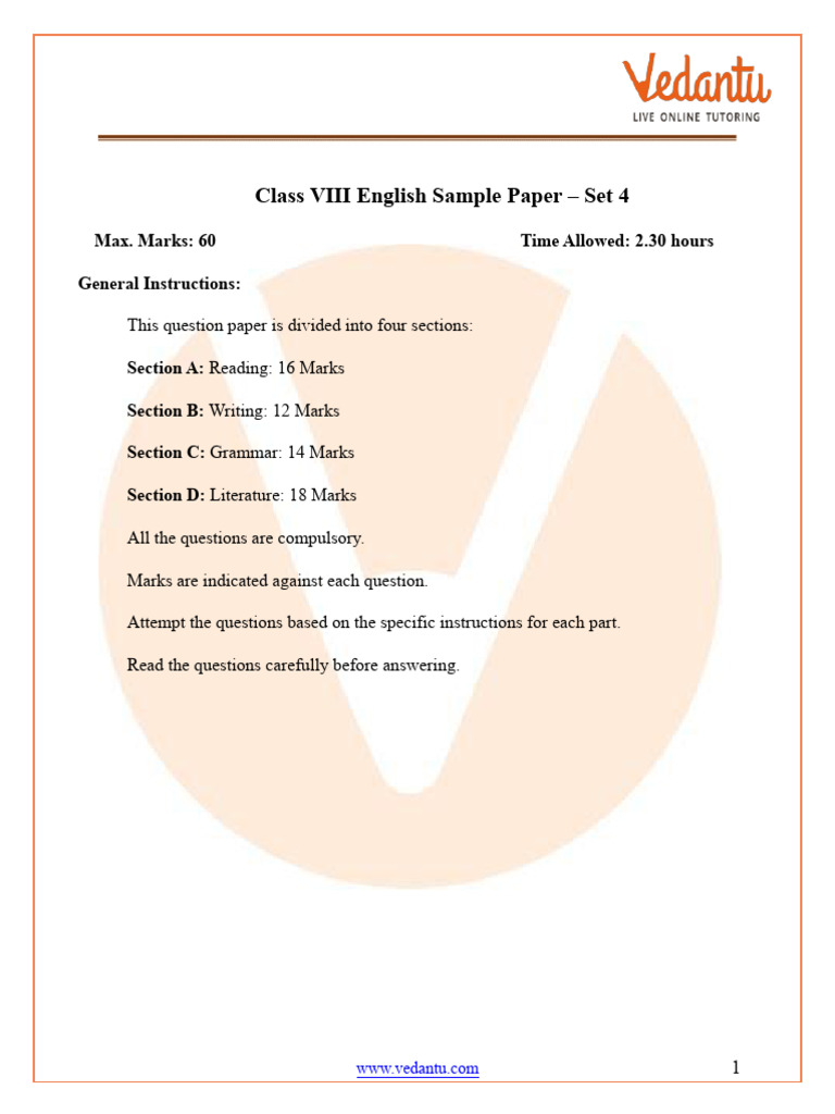 Class 8 English Sample Paper 2025 | PDF