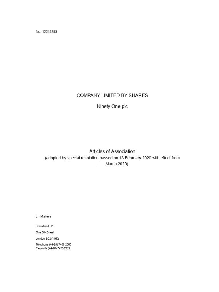 91 Ninety One PLC Articles of Association | PDF | Stocks | Dividend