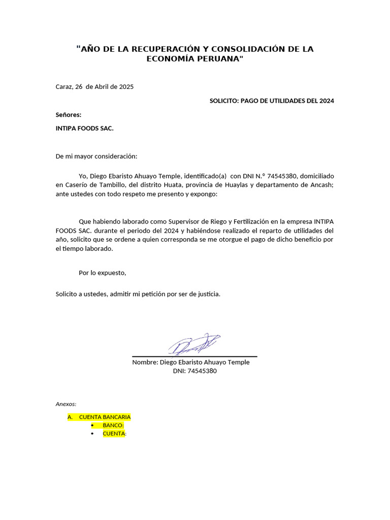 Modelo de Solicitud de Utilidades 2023 | PDF