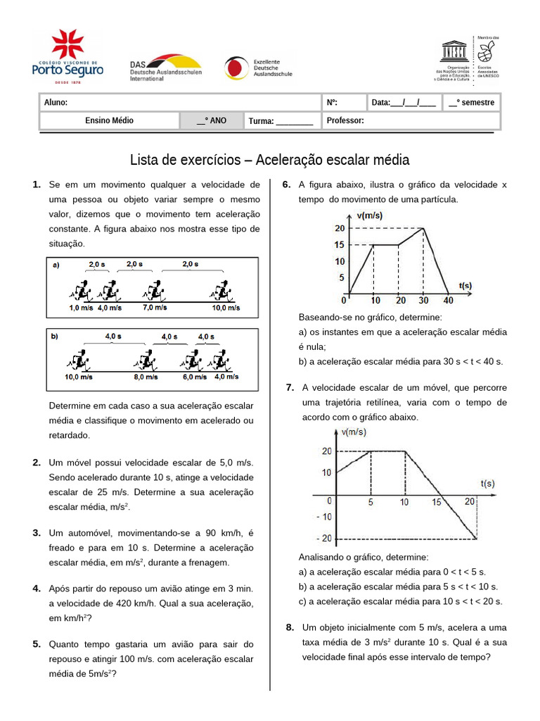 Lista de Exercícios: Aceleração Escalar Média | PDF | Velocidade ...