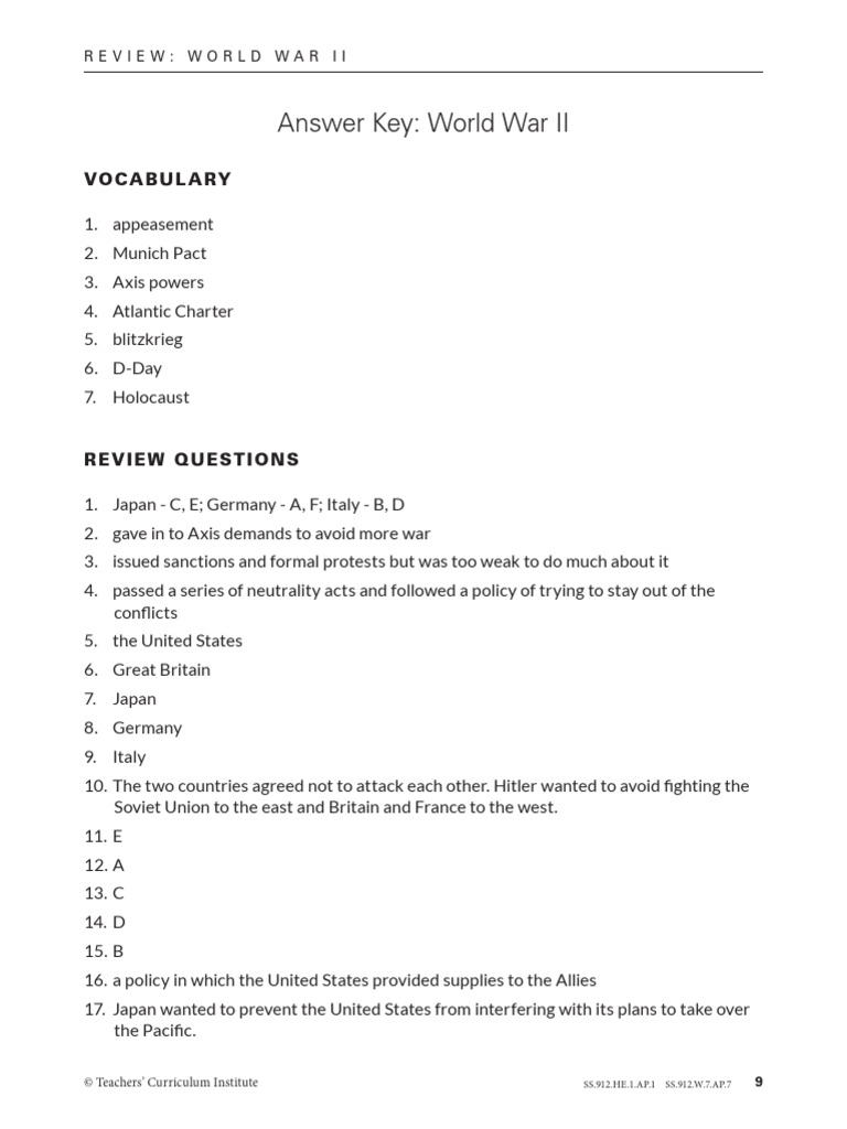 World War II Answer Key Review | PDF