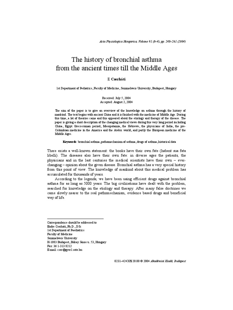 The History of Bronchial Asthma From The Ancient Times Till The Middle