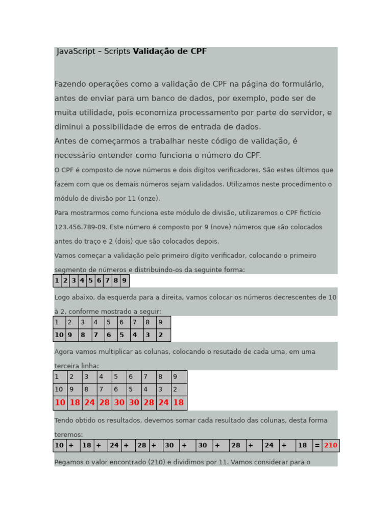 Validação de CPF com JavaScript | PDF | Divisão (Matemática)