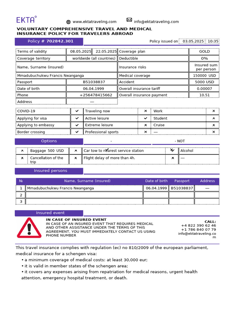 Insurance Policy 702842 | PDF | Insurance