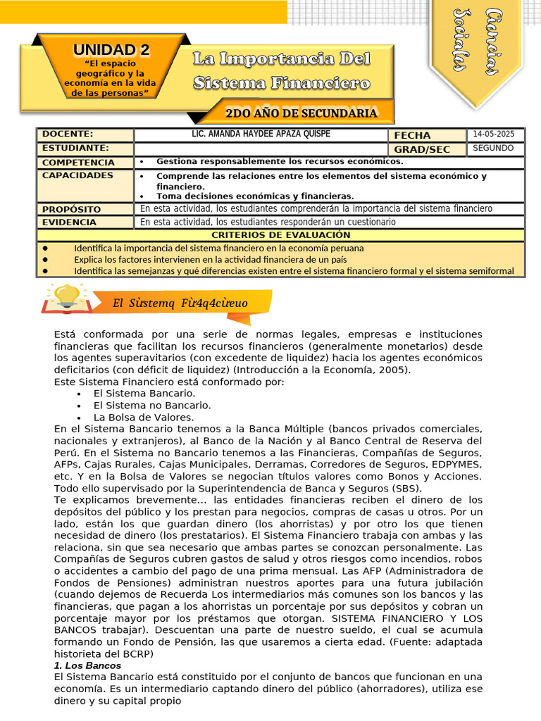 CCSS 2° Ficha de Actividad | PDF | Bancos | Sistema financiero