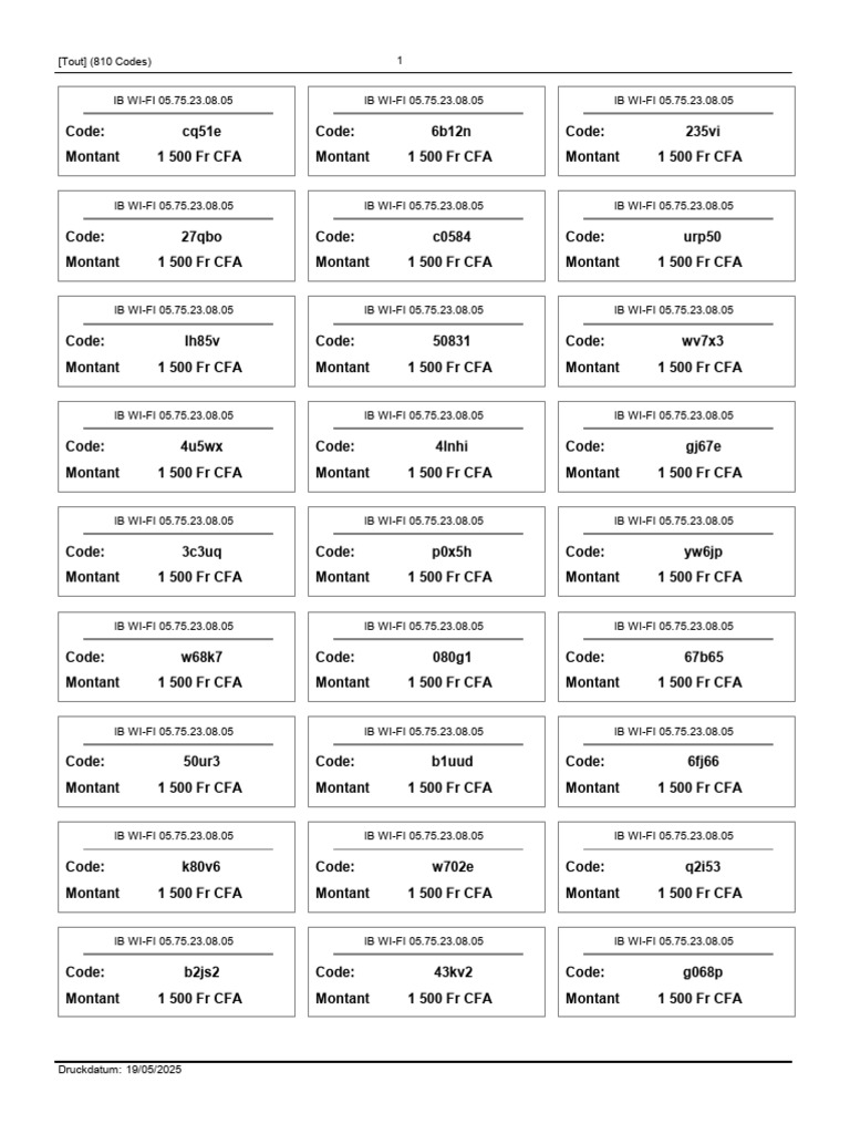 Liste de 810 codes IB Wi-Fi CFA | PDF