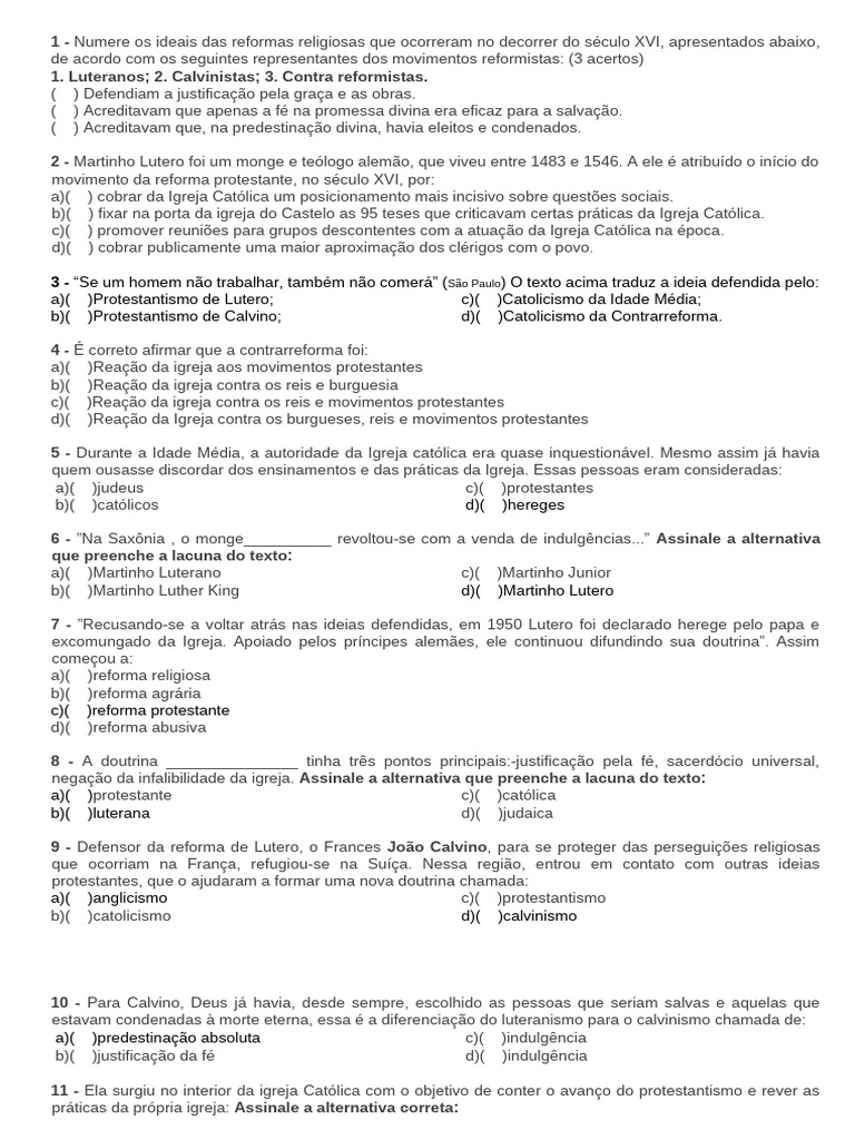 Atividades sobre a Reforma Protestante 7º Ano | PDF | Protestantismo ...