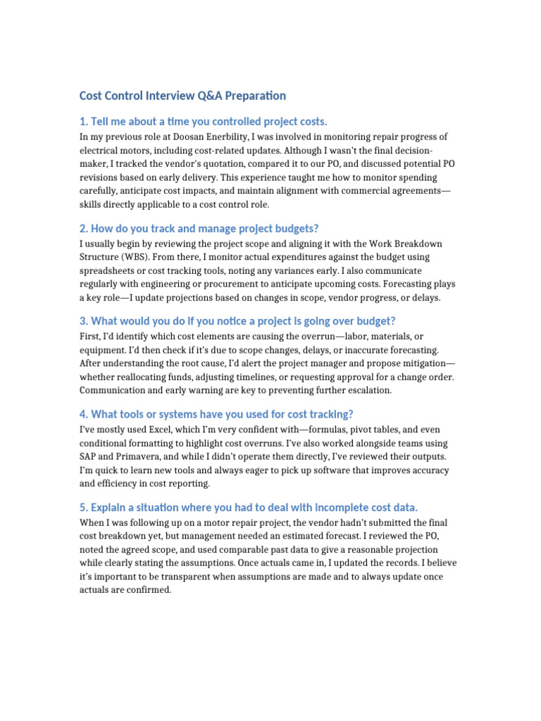 Cost Control Interview Q&A Guide | PDF | Forecasting | Budget