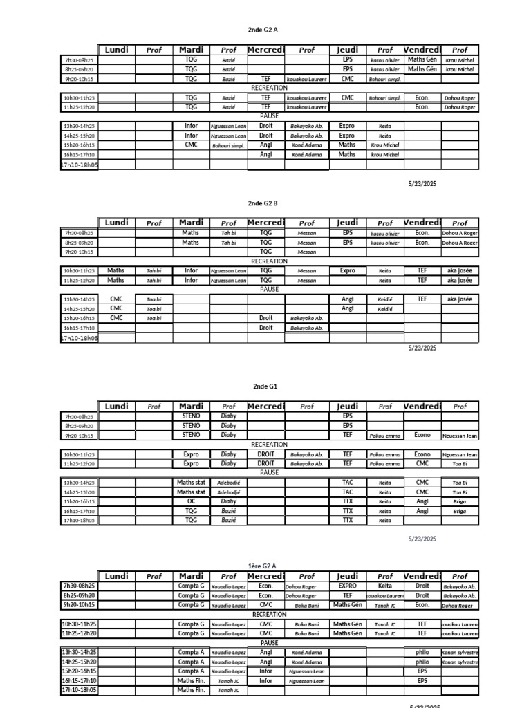 Emploi du temps des classes 2nde à Tle | PDF