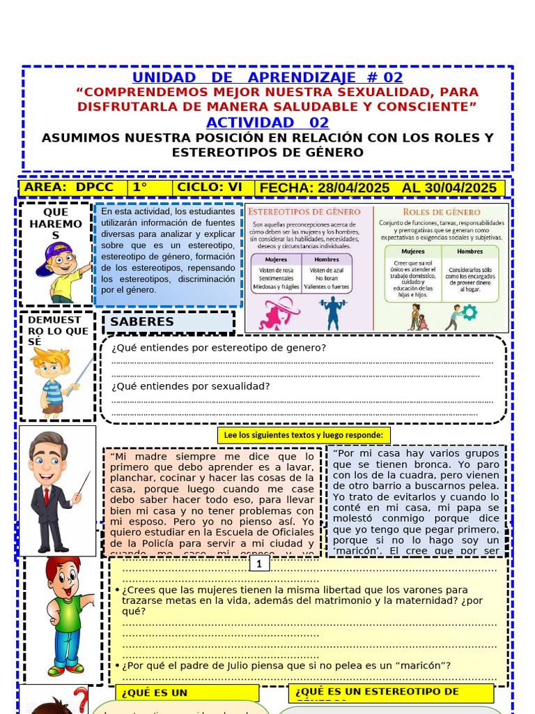 Actividad 2 DPCC 1° Unidad 2 | PDF | Estereotipos | Rol de género