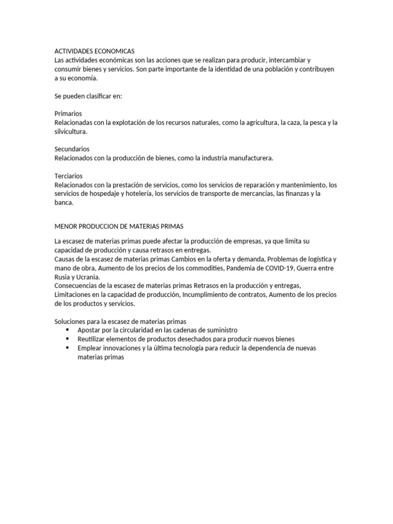Actividades Económicas y Escasez de Materias Primas | PDF