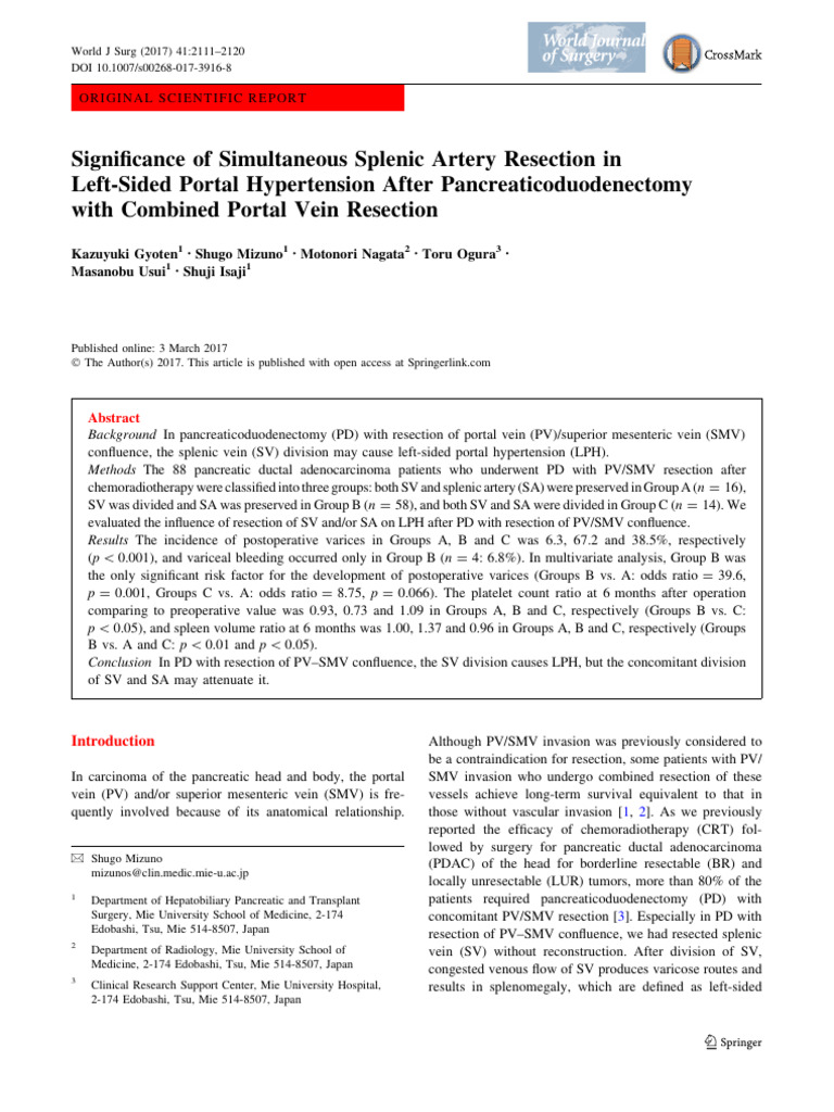 Splenic Artery Resection in Portal Hypertension | PDF | Pancreatic ...