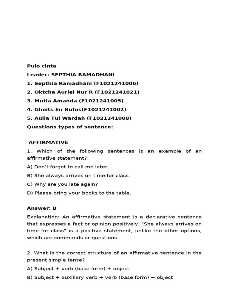 Affirmative Sentence Structures Explained | PDF | Verb | Question