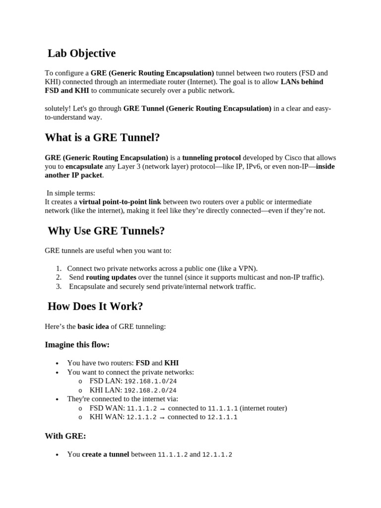 Configuring a GRE VPN Tunnel Lab | PDF | Router (Computing) | Internet ...