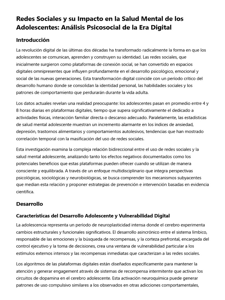 Impacto de Redes Sociales en Salud Mental Adolescente | PDF | Salud ...