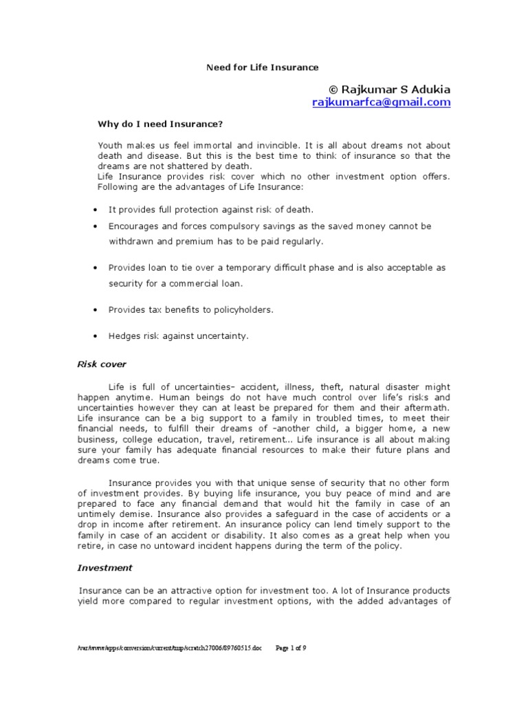 Need For Life Insurance | PDF | Life Insurance | Insurance