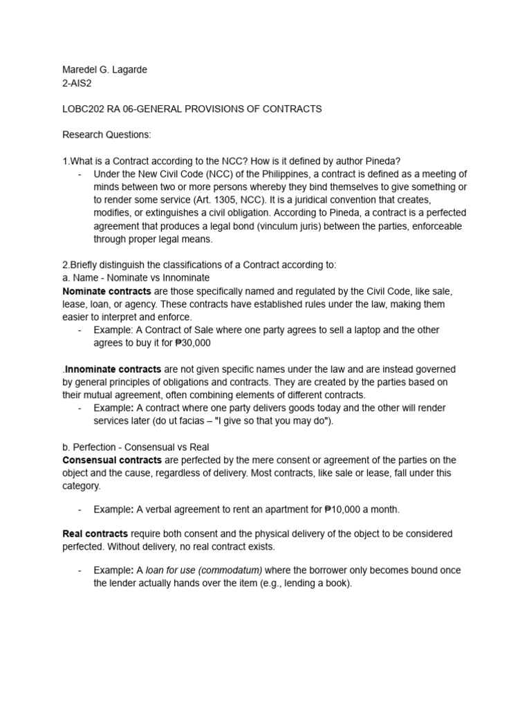 Overview of Philippine Contract Law | PDF | Law Of Obligations | Lease
