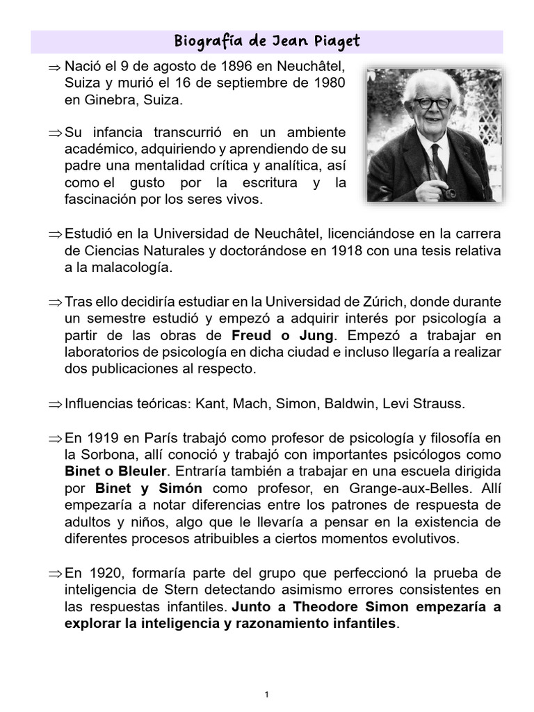 Biografía y teoría de Jean Piaget | PDF | Pensamiento | Sicología