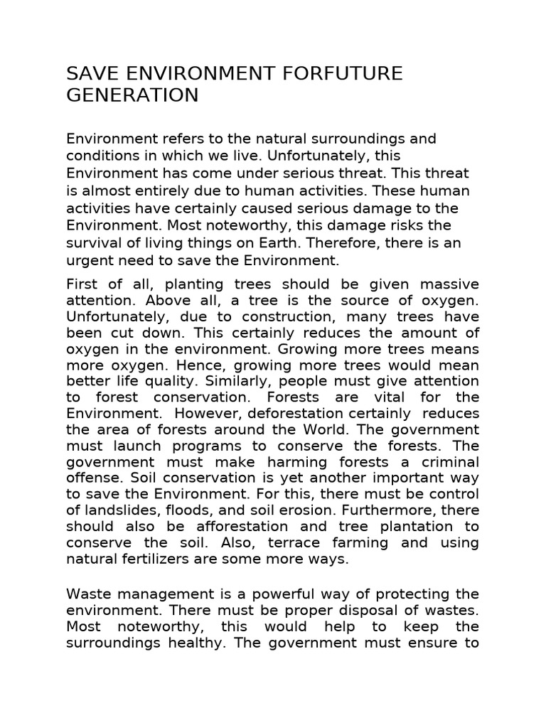 Save Environment Forfuture Generation | PDF | Climate Change | Natural ...