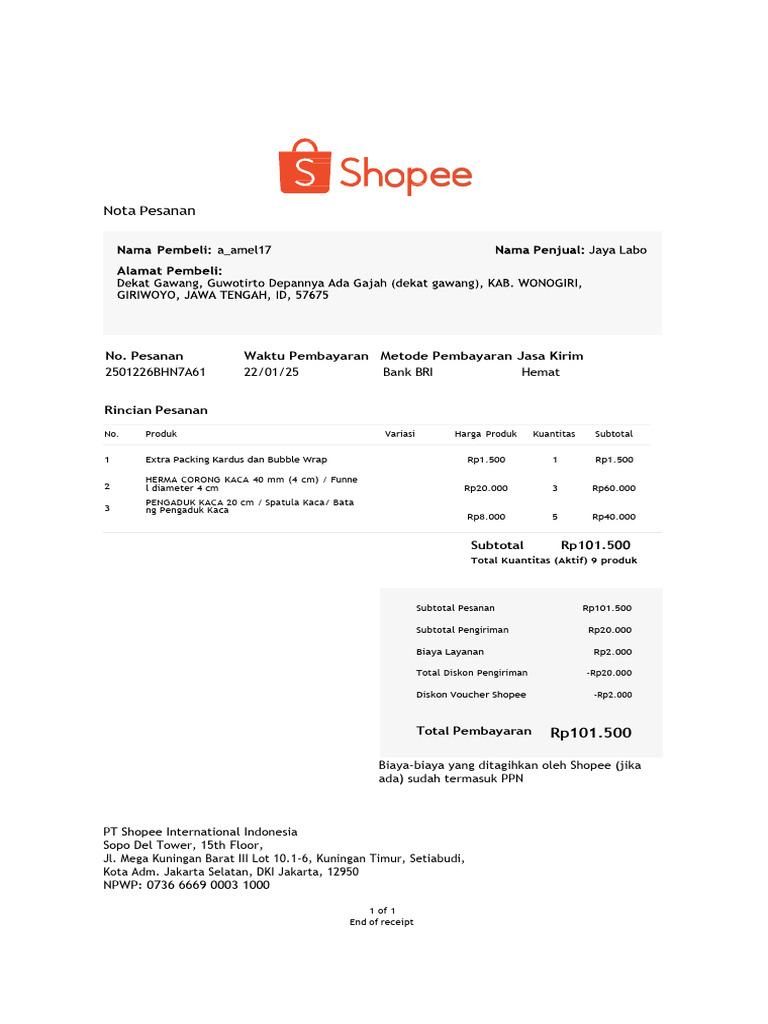 Nota Pesanan Shopee: Rincian Pembayaran | PDF