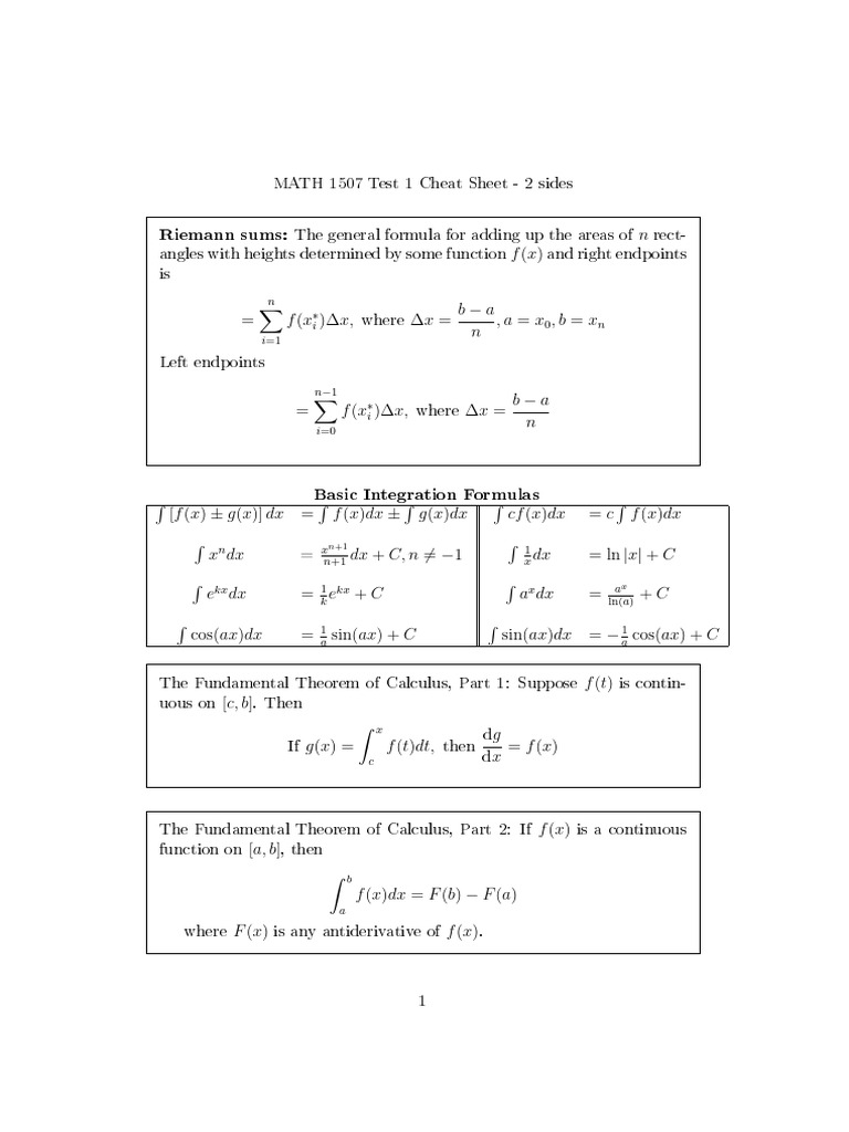 MATH 1507 Test 1 Integration Cheat Sheet | PDF | Integral ...