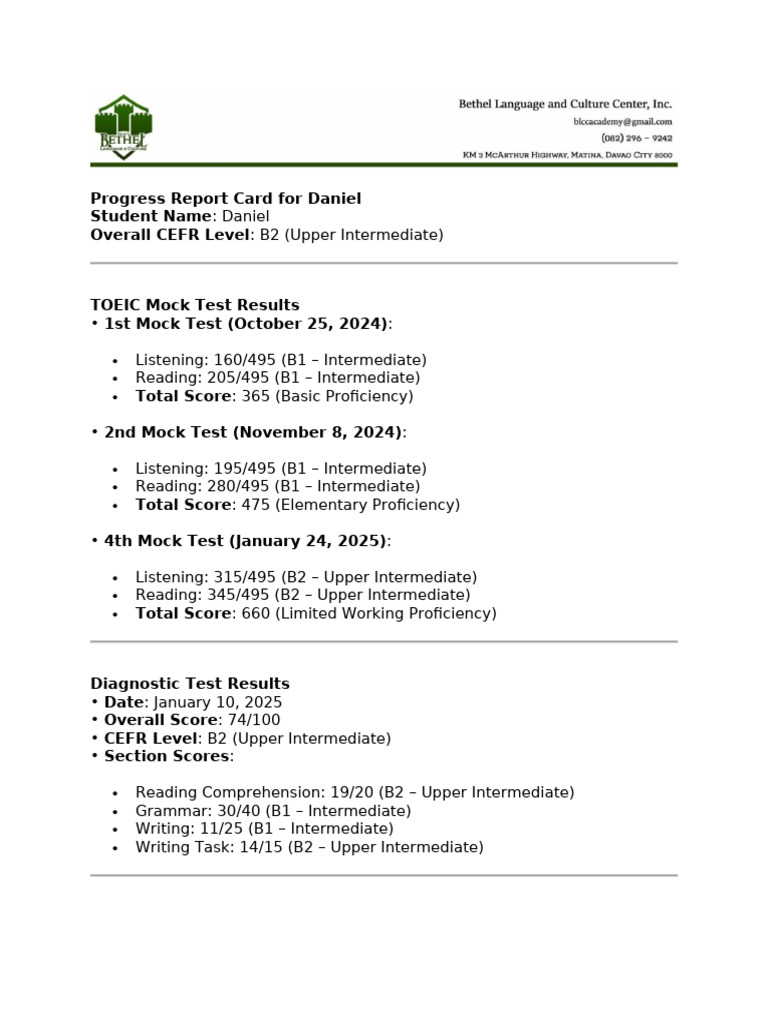 Daniel's ESL Progress Report 2025 | PDF | Speech | Fluency
