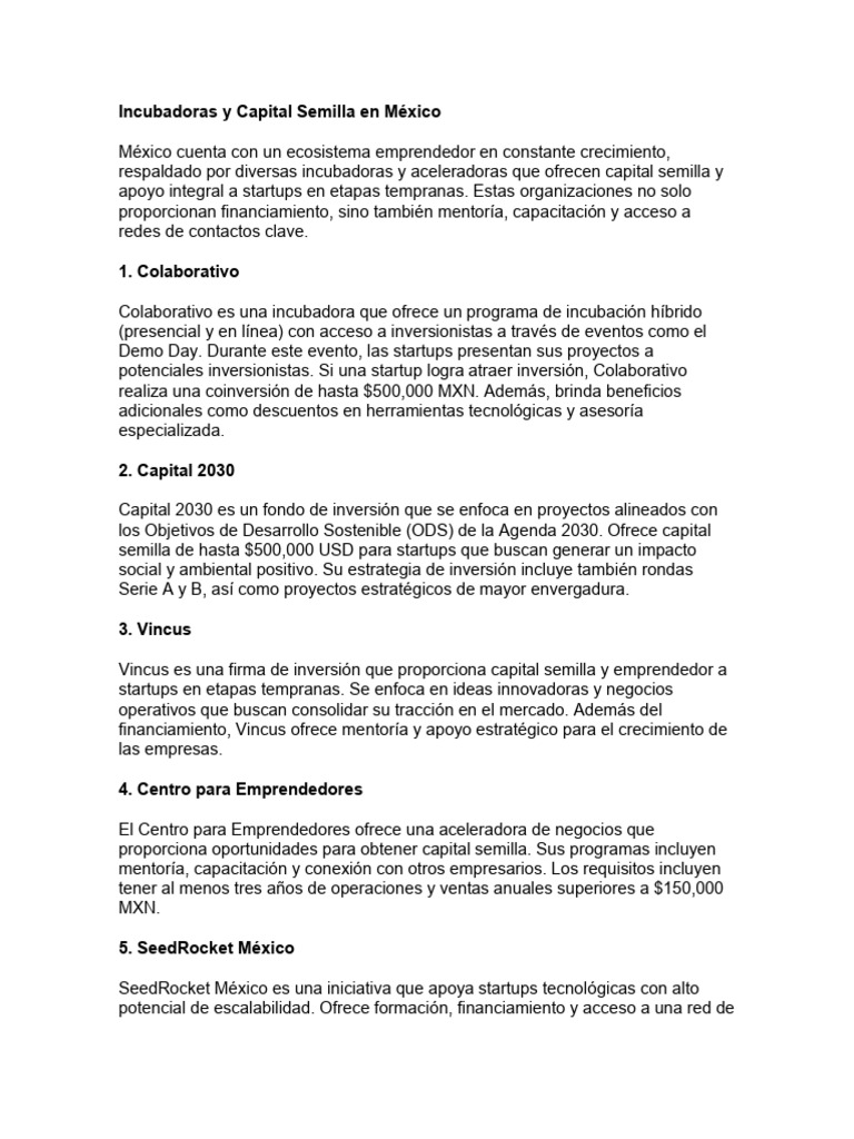 Incubadoras y Capital Semilla en México | PDF | Empresa de inicio ...