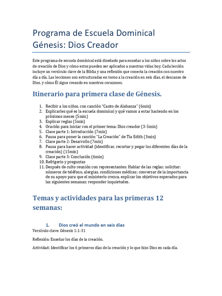 Programa de Escuela Dominical: Génesis | PDF | Deidad creadora ...