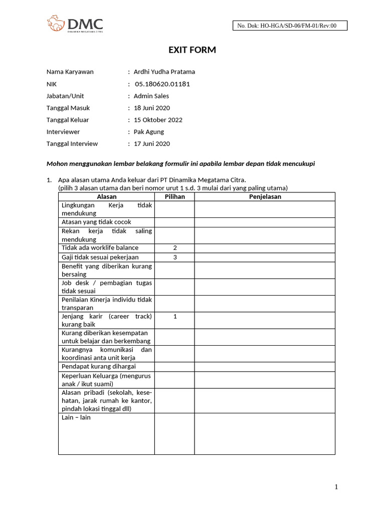 Formulir Exit Karyawan PT Dinamika | PDF
